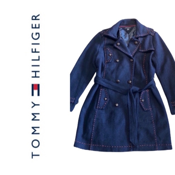 Tommy Hilfiger Wool Blend Navy & Red Stitched Great Quality Winter Peacoat - Picture 11 of 15